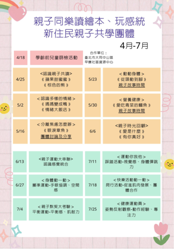 【宣導】「親子同樂讀繪本、玩感統－新住民親子共學團體」活動將於4月至7月辦理✿照片