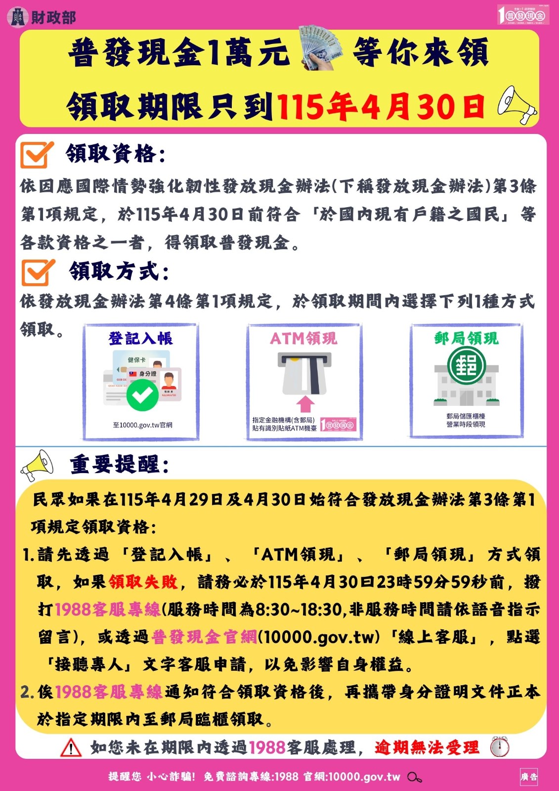 【宣導】「全民+1 政府相挺」普發現金新臺幣1萬元領取期限至115年4月30日止照片
